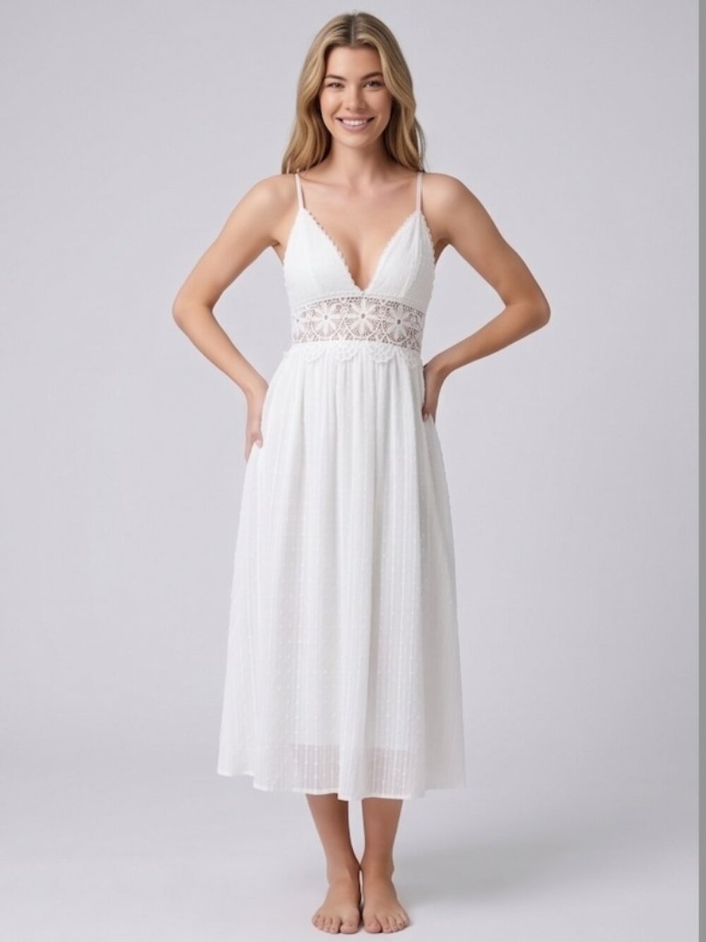 Boho White Swiss Dot Midi Dress with Crochet Lace Waist - Picture 10 of 13